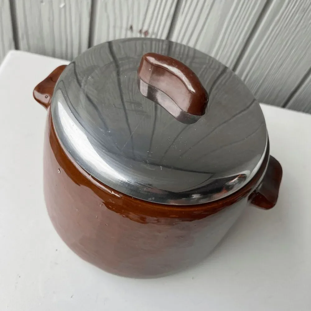 VTG West Bend Brown Glazed Pot Canister Chrome Lid 8.5” Mid Century